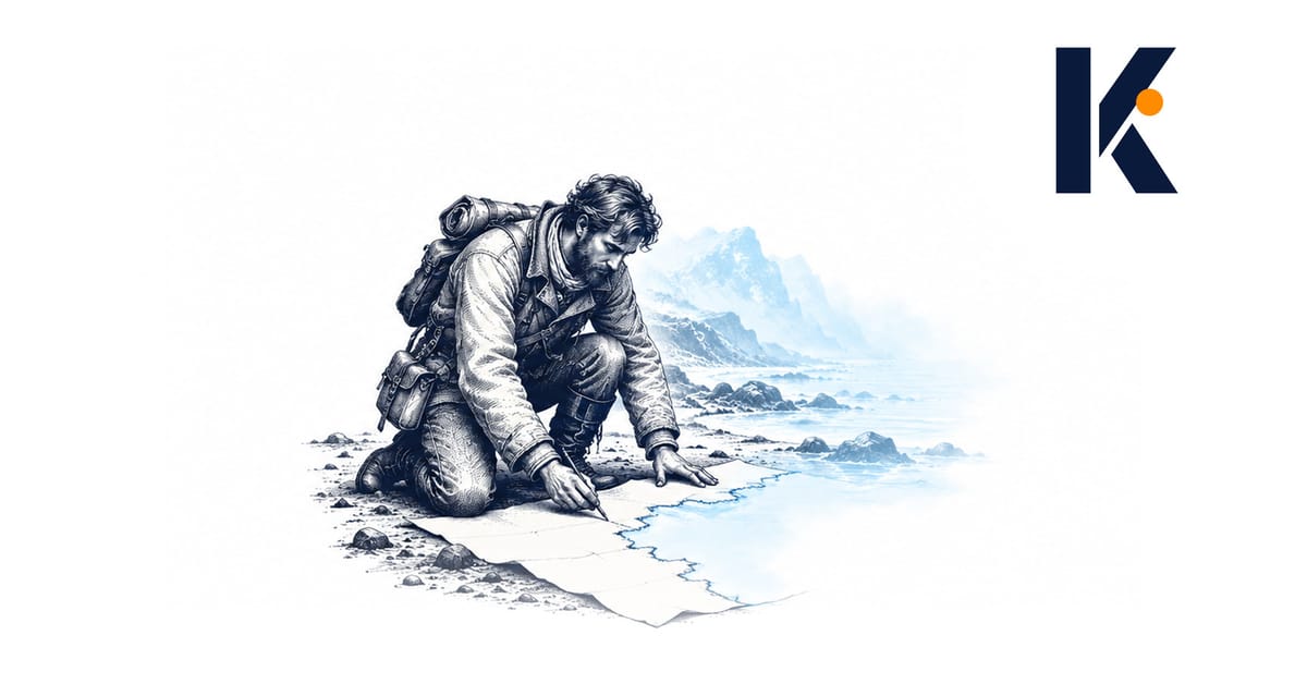 Explorateur traçant le contour d'une côte qui se perd dans la brume, la feuille laissée blanche - gravure naturaliste 19e.