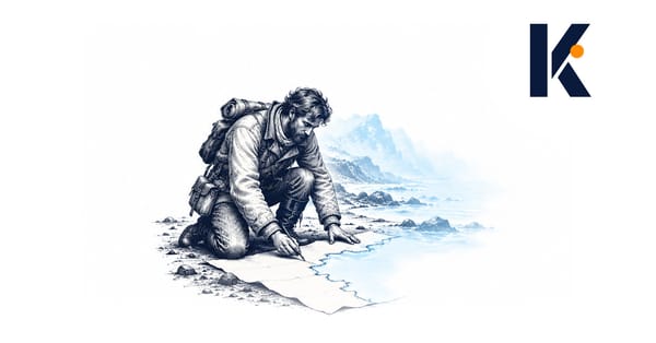 Explorateur traçant le contour d'une côte qui se perd dans la brume, la feuille laissée blanche - gravure naturaliste 19e.